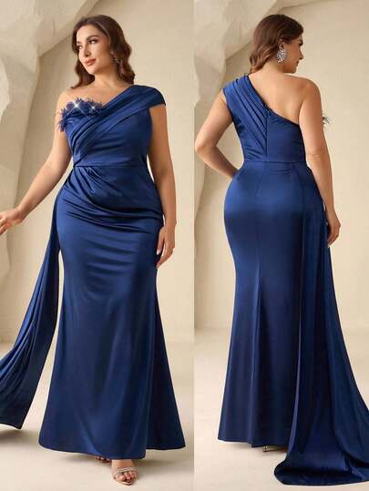 Coutiva Plus Size Elegant 3D Floral Decor Asymmetric Neckline Formal Evening Gown Modest Plus Size Formal Gown | Middle Eastern Spring Festival Wear Draped Satin Sash Detail Rich Navy Blue Hue Plus Size Inclusive Fit Draped Waist Detail One-Shoulder Design Luxury Satin Fabric Prom Plus Size Formal Gown Date Night Glam Plus Size Dress Middle Eastern Modest Wear Spring Formal Dinner Dress Middle Eastern Modest Plus Size Dress Plus Size Navy Blue Satin Evening Gown Draped Mermaid Formal  Satin Draped Maxi Royal Blue Plus Size Dress Plus Size Evening Gown Curve Formal Evening Gown Curve Plus Formal Dress Bridesmaid Dress Plus Size Plus Size Royal Blue Dress One Shoulder Formal Dress