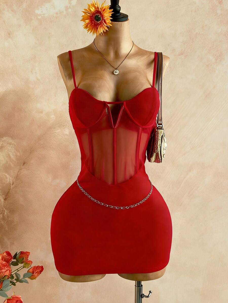 Soleia 女士纯色镂空性感紧身吊带裙 - 紅色 - 查看 1
