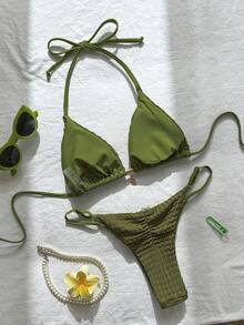 Swim Mod 女士夏季纯色米黄色提花面料星星装饰挂脖比基尼套装 - 軍綠色 - 查看 2