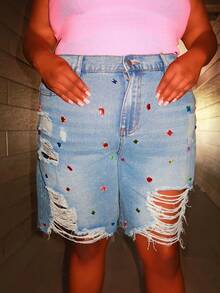 Enliva Pantalones cortos de mezclilla casuales con bolsillos, decoración de rhinestones y efecto desgastado para mujeres de talla grande y silueta redondeada, para el verano - Azul - Ver 4