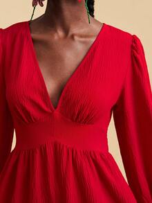 Travachic Women's Solid Red V-Neck Ruched Mini Dress,Elegant Boho Autumn Vacation Holiday Outfit,Fashionable Party,Wedding Guest,Beach,Birthday Floral Dresses - Red - View 7