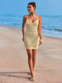 SHEIN TRVLCHIC Women's Hollow-Out 3D Floral Sleeveless Knit Vacation Dress,Suitable For Summer Vacation,Summer Dress,Summer Outfits,Summer Dresses For Women,Beach Outfits For Women,Beach Vacation Outfits For Women,Vacation Outfits Women, Casual Dresses For Women - Yellow - View 5