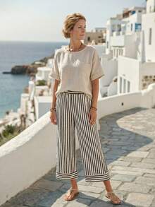 Faunlyn 女士休闲条纹印花松紧腰宽松阔腿裤夏季女式宽松裤 - 彩色 - 查看 4