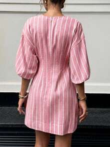 Siren Gaze 女士夏季时尚条纹V领迷你连衣裙，粉色连衣裙，粉色条纹连衣裙，女士夏季连衣裙，夏季条纹迷你连衣裙，女士休闲连衣裙 - 粉色 - 查看 2