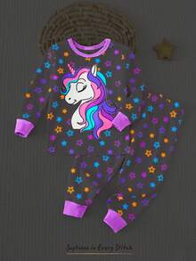 Cozy Pixies 女婴贴身睡衣套装，紫色卡通独角兽夜光可爱图案针织柔软圆领短袖上衣和松紧腰打底裤，两件套。本产品需紫外线照射才能发光。 - 紫色 - 查看 9