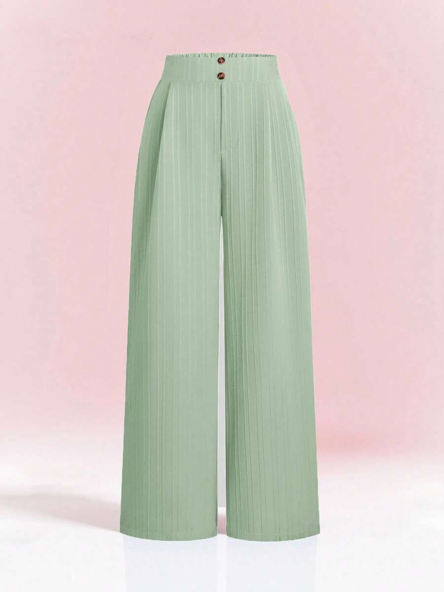 Pantalones sueltos con botones y rayas verticales texturizadas para niñas preadolescentes - Verde - Ver 1