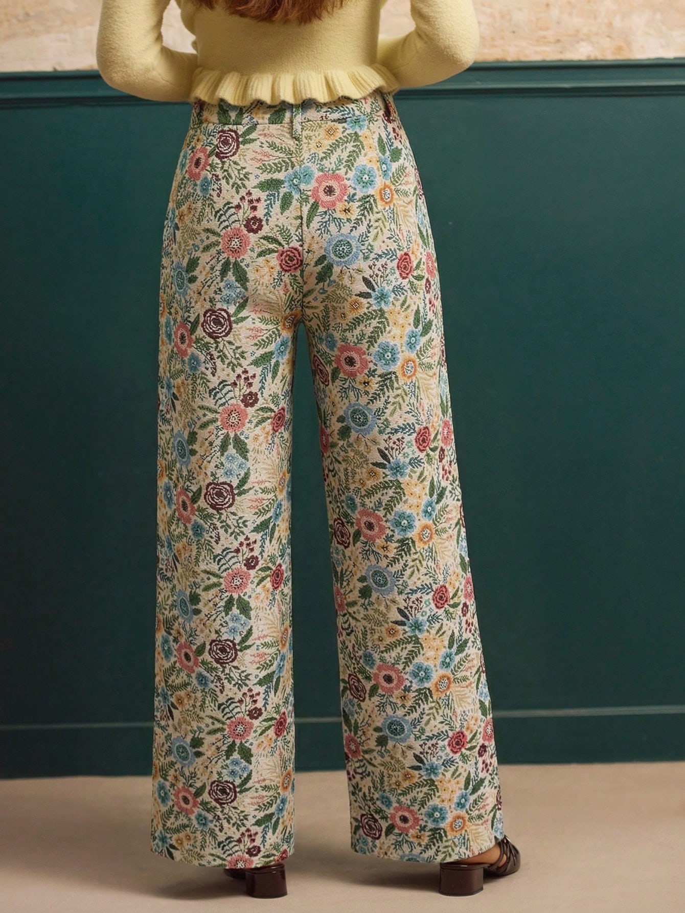 Vintage Style Floral Jacquard High Waisted Wide Leg Trousers Spring Summer Going Out