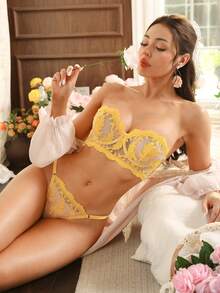 2件套黄色刺绣无钢圈抹胸文胸套装，配透明肩带 - 黃色 - 查看 3