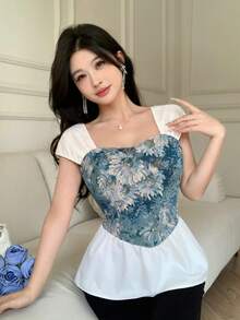 Celisse 女士时尚优雅花卉抽绳修身衬衫 - 墨綠色 - 查看 4