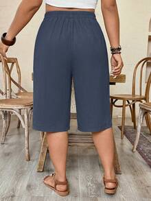 Weeklong Pantalones cortos casuales de talla grande con cintura elástica, bolsillos laterales y decoración con remaches - Neblina azul - Ver 2