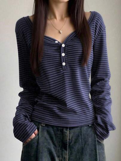 EMERY ROSE 女士休闲条纹长袖T恤，秋季