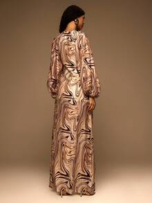 MUSERA Swirl Printed Chiffon Plunge Neckline Fringed Drape Long Sleeve Maxi Dress,Beige,Autumn,Seductive,Night Out Elegant Vacation Ibiza Club Wedding Guest - Multicolor - View 4