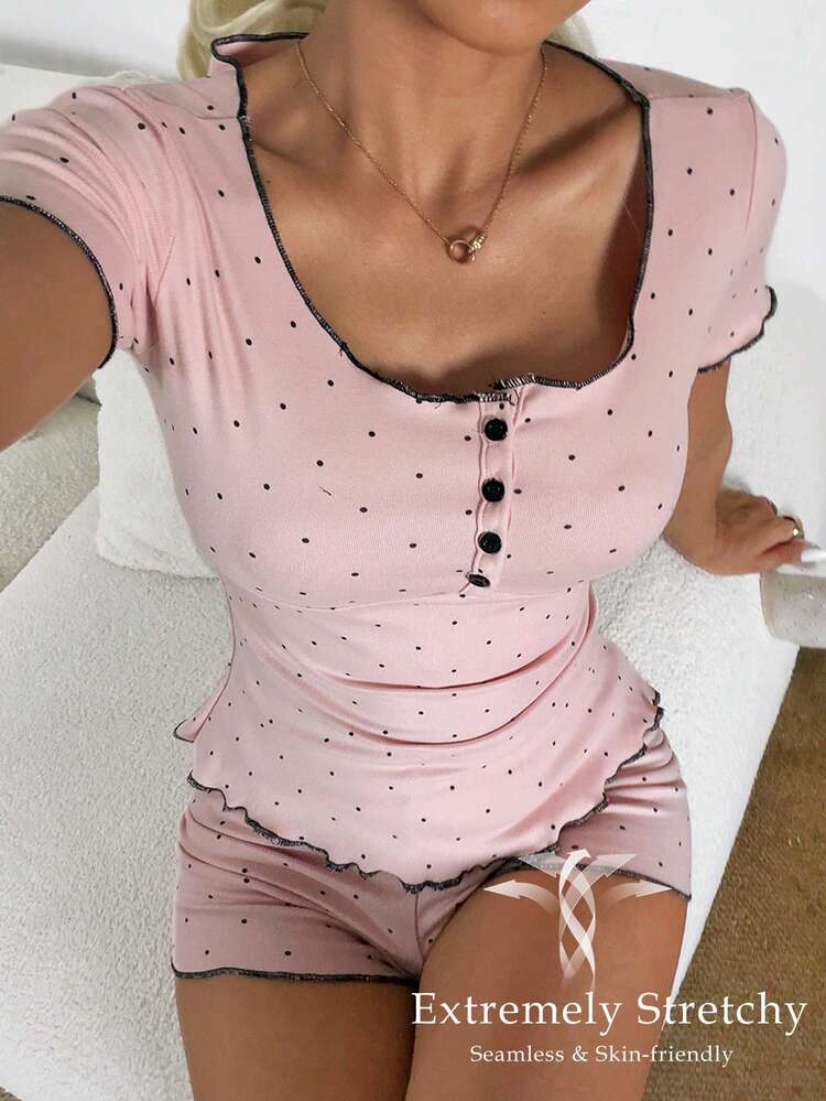 2pcs Polka Dot Fitted Ruffle Trim Short Sleeve Shorts Pajama Set For Women, Summer