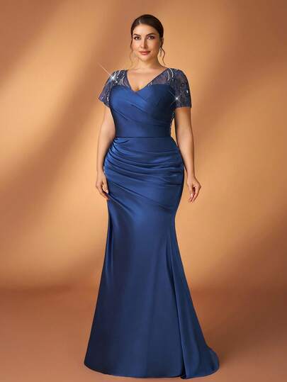 Serin Plus Size Elegant Luxurious Hazy Blue Sequin Embroidered Patchwork Elastic Satin V-Neck Puff Sleeve Fitted Fishtail Hem Dress, Suitable For Evening Party, Gala, Music Festival, Wedding, Mother Of The Bride