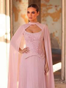 Aureia 优雅浪漫的时尚粉色雪纺褶皱装饰贴花A字廓形正式派对礼服，婚礼宾客着装 - 淺粉色 - 查看 6