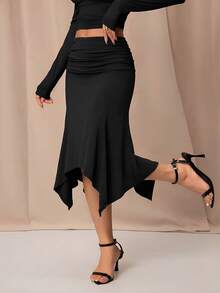 SHEIN PETITE 女士优雅休闲不对称褶皱棕色半身裙，春夏黑色半身裙 - 黑色 - 查看 5