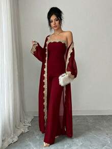 SHEIN Raffinéa 2件組女款時尚套裝：無肩帶連身褲與長袖開襟衫，適合派對用餐與外出，酒紅色秋季優雅風 - 酒紅色 - 查看 3