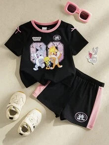 LOONEY TUNES X SHEIN Baby Girl Cartoon Print Round Neck Short Sleeve T-Shirt And Shorts Casual Outfit - Black - View 2