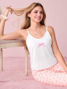 标语图案吊带背心和格子长裤睡衣套装 - 彩色 - 查看 4