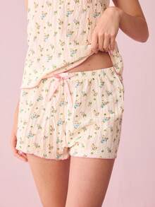 Bonmuse Women's Ditsy Floral Pajamas Set, Including Backless Camisole Top With Frilled Edges And Loose Belted Shorts - Yellow - View 8