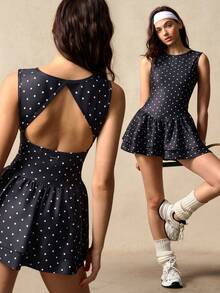 VARSIVA Women's Polka Dot Backless Sleeveless Sports Dress With Shorts - Black - View 4