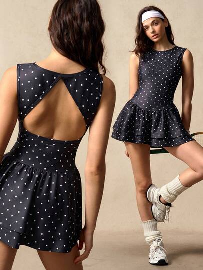 VARSIVA Women's Polka Dot Backless Sleeveless Sports Dress With Shorts