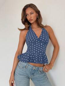 SHEIN Raffinéa Blusa sin mangas con cuello en V, volantes y lunares, adecuada para festivales de música de primavera - Azul y blanco - Ver 6