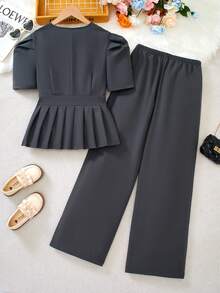Elladie kids Teen GirlSolid Color V-Neck Short Sleeve T-Shirt And Pants Set - Dark Grey - View 2