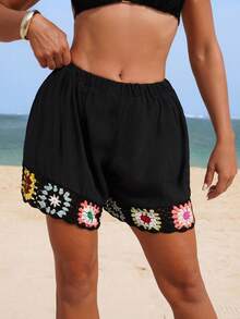 Swim Vcay Women's Crochet Loose Fit Coverup Shorts, Vacation Style - Black - View 5