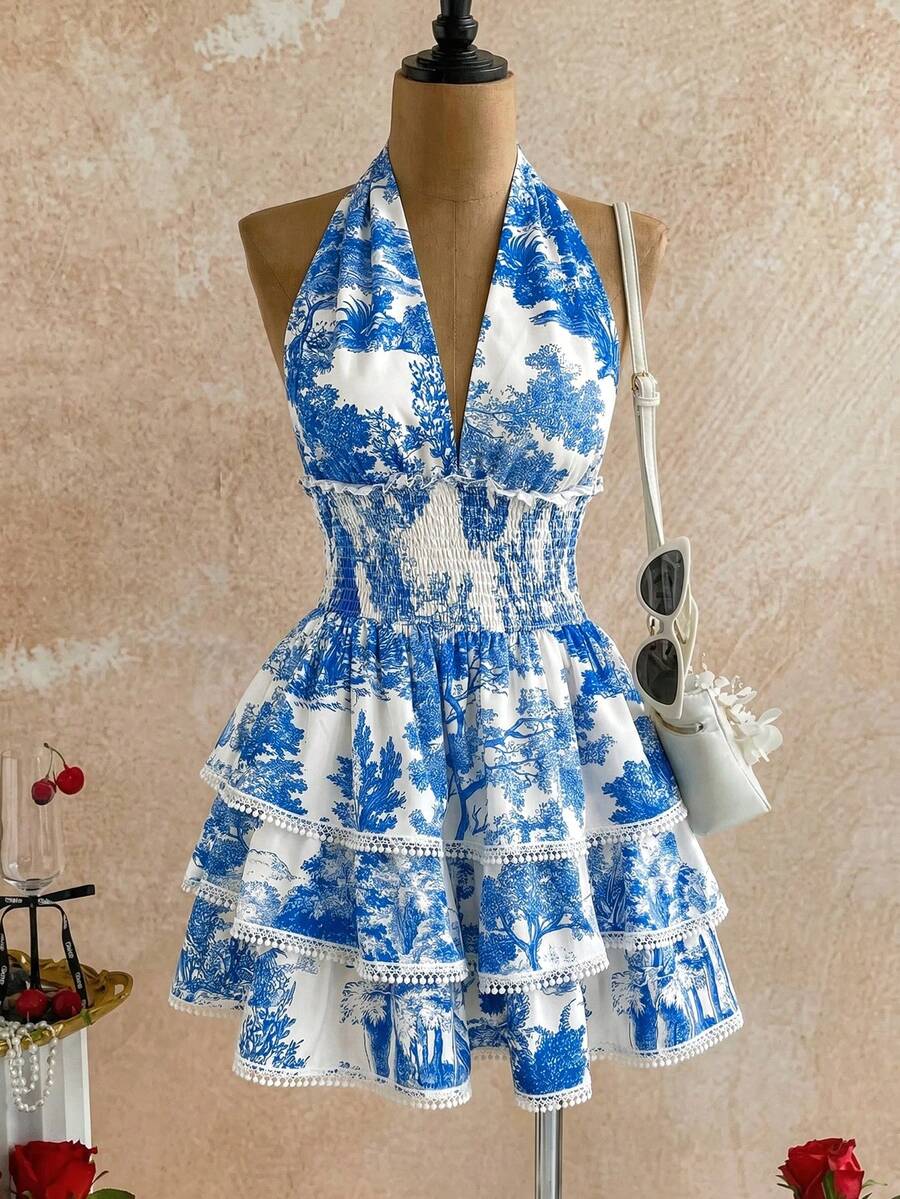 Selianne 春夏女士露背扭结印花层叠荷叶边连衣裙，休闲度假连衣裙，时尚街头服饰 - 藍白色 - 查看 1