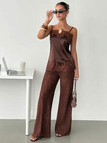 女士棕色低腰蕾丝直筒裤，夏季必备，复古花卉镂空设计，休闲时尚，修身剪裁。女士夏季裤装，波西米亚风长裤，可作泳装罩衫。 - 棕色 - 查看 6