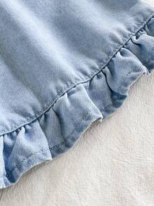 Toddler Girls' A-Line Dress, Summer New Cute Pink Floral Embroidery Pattern, Light Blue Washed Color, Lightweight Denim Fabric, Ruffle Trim & Flutter Sleeve Design, Playful & Sweet Style, Suitable For Various Occasions Like Vacation & Casual Wear - Blue - View 4