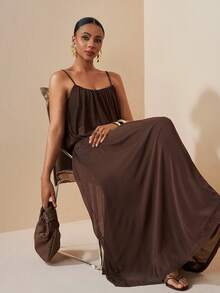 Zivah Summer New Casual Basic Vacation Beach Chiffon Spaghetti Strap Dress - Apricot - Brown - View 11