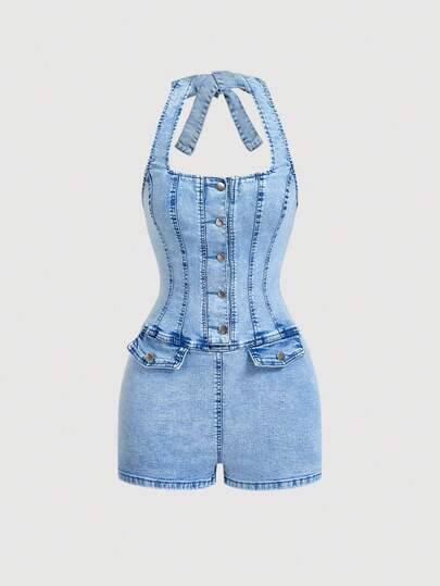 Sweetra Women's Halter Tie Button Jumpsuit, Fashionable For Dates And Parties