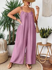 SHEIN Clasi Bộ áo liền quần ống đứng màu xanh nhạt, xếp ly phía trước. - Hồng - Xem 5