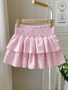 SHEIN 少女腰部收褶条纹A字裙，粉色和白色 - 粉色 - 查看 3