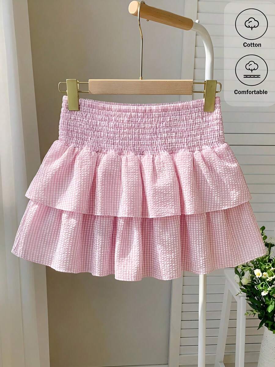 SHEIN Tween Girls Waist Gathered Shirred Striped A-Line Skirt, Pink & White - Pink - View 1