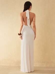 Silquee 性感优雅V领高开衩露背长裙，无袖连衣裙，优雅服饰，伴娘礼服，婚礼，海滩度假，约会/外出/夜店派对，优雅派对约会，鸡尾酒会，派对/约会/宴会服装，情人节及夜间外出，姐妹聚会礼服，浪漫约会服装，高端派对礼服，正式派对服装，毕业典礼，舞台表演礼服，盛大晚宴，俱乐部，夜总会 - 白色 - 查看 2