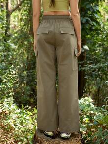 SHEIN In My Nature 女士工装口袋直筒宽松休闲徒步裤 - 卡其色 - 查看 6