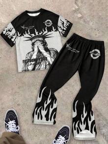 SHEIN Conjunto de pantalones cortos y camiseta de manga corta de estilo casual Y2K para adolescentes varones, apto para salidas diarias, fiestas y primavera/verano. Incluye camiseta de manga corta estampada + pantalones acampanados clásicos de chándal, conjunto de 2 piezas. - Negro - Ver 4