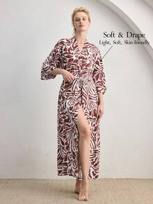 Ocili Bata cómoda y minimalista de mezcla de algodón con estampado de cadena, con cinturón de amarre, ropa de dormir para mujer, elegante para otoño - Color caoba - Ver 2