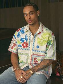 AXEPEAK 男士时尚街头风印花短袖衬衫 - 彩色 - 查看 5