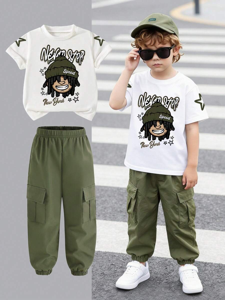 SHEIN Coolqubz Bộ 2 món đồ in hình nhân vật hoạt hình, kiểu dáng thường ngày thoải mái, thời trang, quần short tay dài có dây rút cho bé trai.