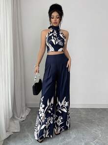 GlowEve Bộ đồ nữ thời trang Bohemian thanh lịch và sang trọng gồm áo không tay và quần ống đứng, thích hợp cho mùa hè. - Màu xanh hải quân - Xem 4