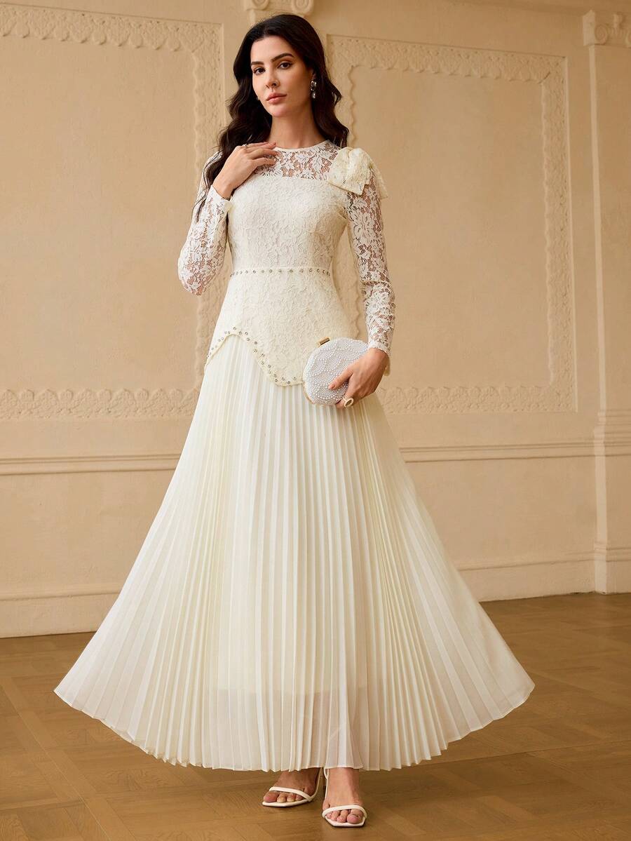 ZEYLAH Damen Spitze Patchwork Plissee Elegantes Taillenkeid für Partys - Aprikosenfarben - Übersicht 1