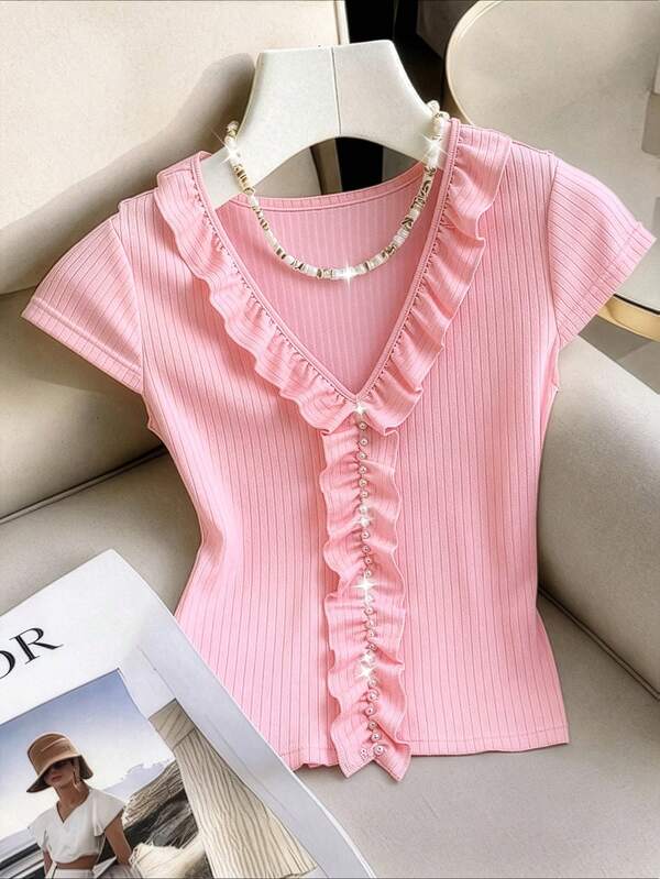 GlowEve CURVE Plus Size Pearl Ruffle Trim Luxury Fashion Summer Outfit, Party, Carnival, Valentine's Day Casual Top T-Shirt