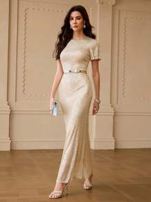ZEYLAH ELEGANT SEQUIN EMBELLISHED LONG DRESS FOR WOMEN - Apricot - View 1