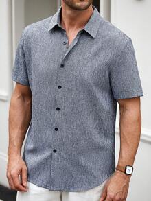 Manfinity Homme Manfinity CasualCool 男士亚麻条纹短袖衬衫，适合夏季日常通勤 - 灰色 - 查看 6