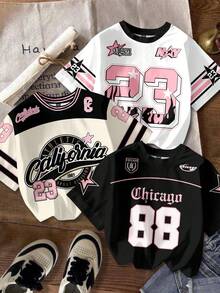 Attitoon 3件套休闲简约圆领短袖字母数字印花宽松T恤，适合夏季、世界杯、户外活动、街头风、时尚、Y2K风格、海滩度假等场合。 - 彩色 - 查看 8