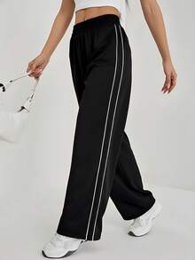 SHEIN Tall Y2K街头风百搭阔腿裤，低腰抽绳腰带撞色滚边裤 - 黑色 - 查看 3
